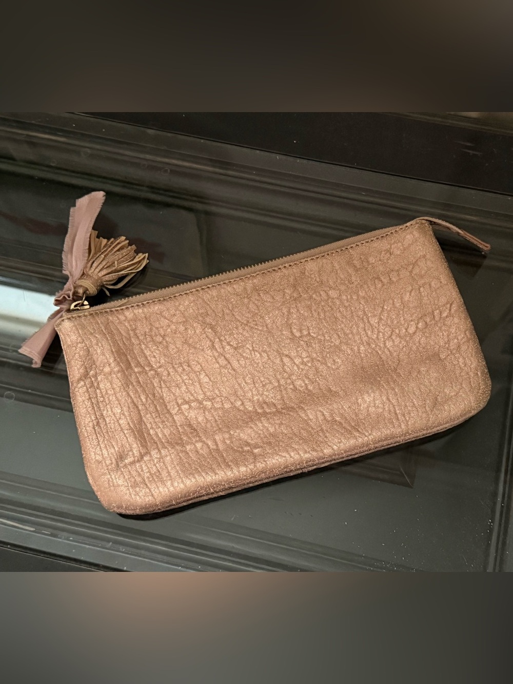 Anthropologie Miss Albright Metallic Rose Gold Zip Clutch Wristlet